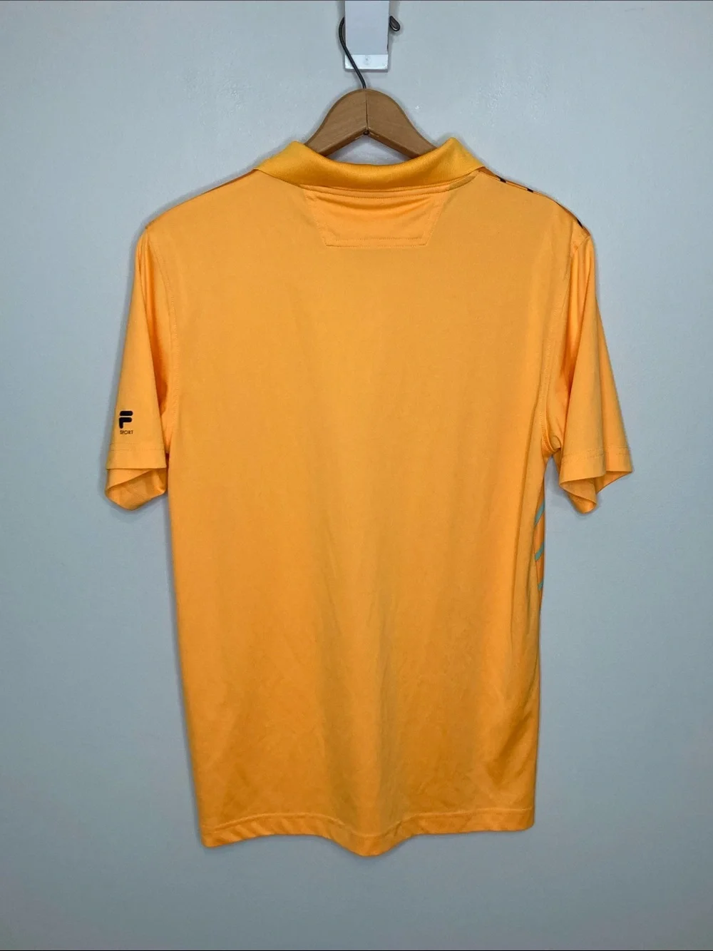 Fila Golf Men's Small Bright Orange Polo with Geometric Stripe Graphic in Blue
